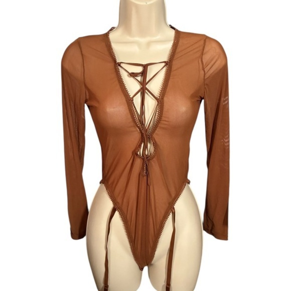 Frederick's Lola Lee Mesh Lace-Up Garter Bodysuit Cocoa Brown Dark Feminine NWT
